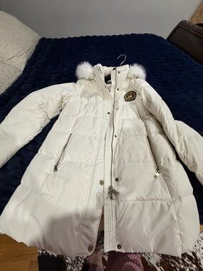 Ralph Lauren Cream White Quilted Puffer Coat with Faux Fur Hood